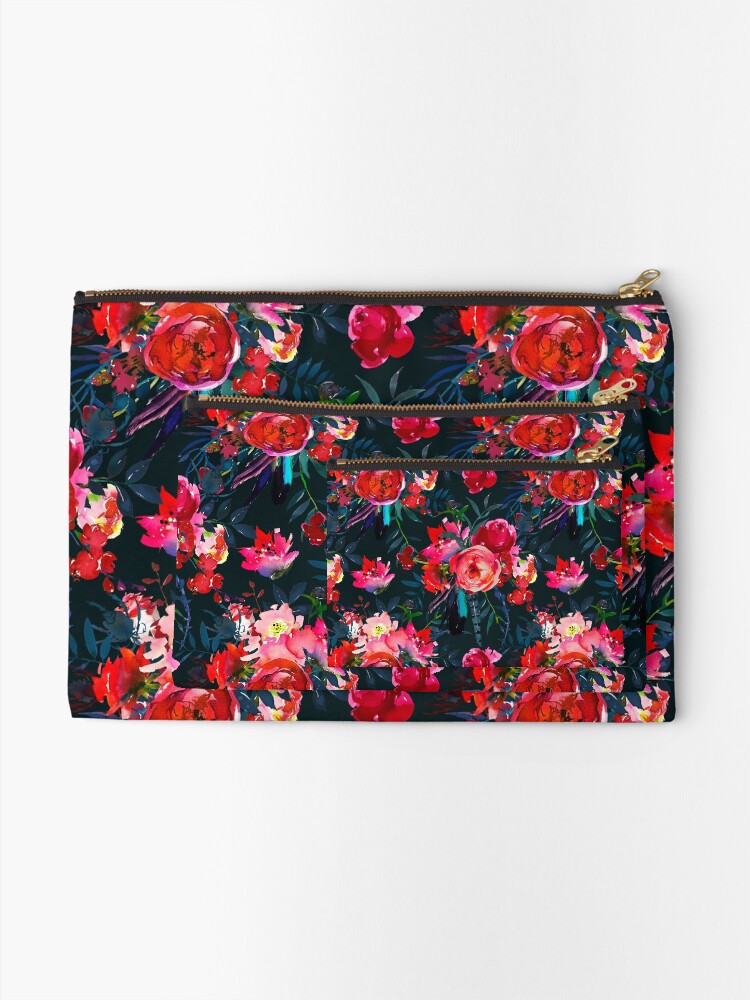 Alternate view of Neon pink fuschia black watercolor modern floral Zipper Pouch