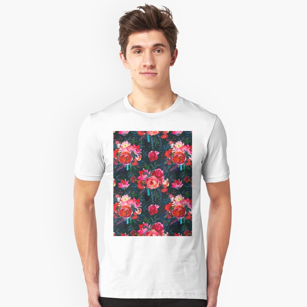 Neon pink fuschia black watercolor modern floral Slim Fit T-Shirt