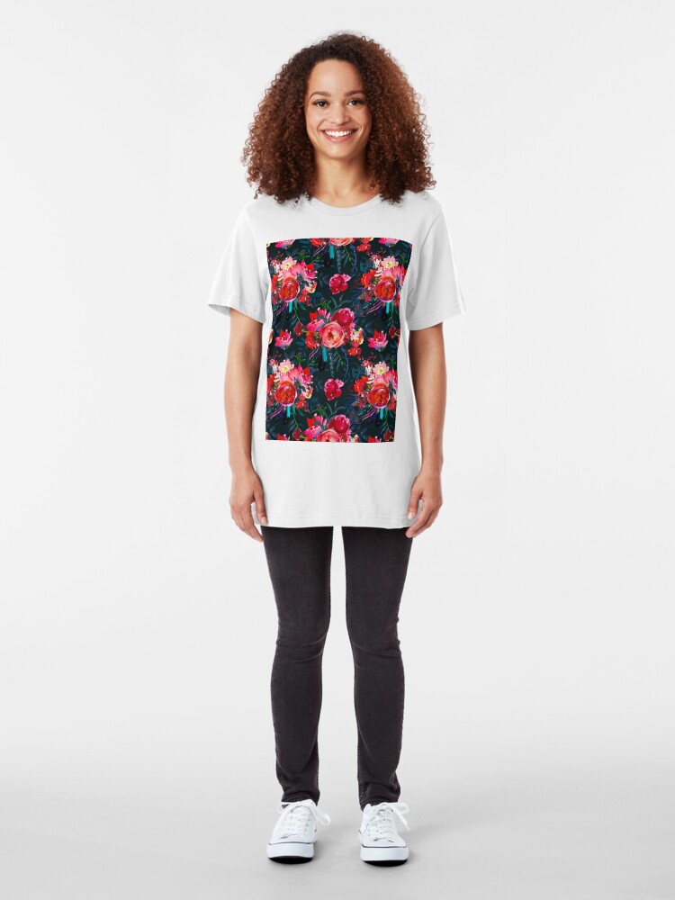 Alternate view of Neon pink fuschia black watercolor modern floral Slim Fit T-Shirt