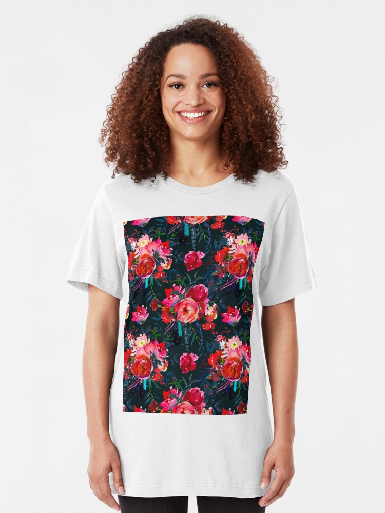Alternate view of Neon pink fuschia black watercolor modern floral Slim Fit T-Shirt