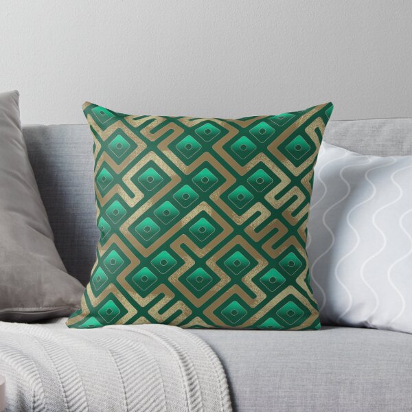 Maze Abstract Pattern - Green / Gold Throw Pillow