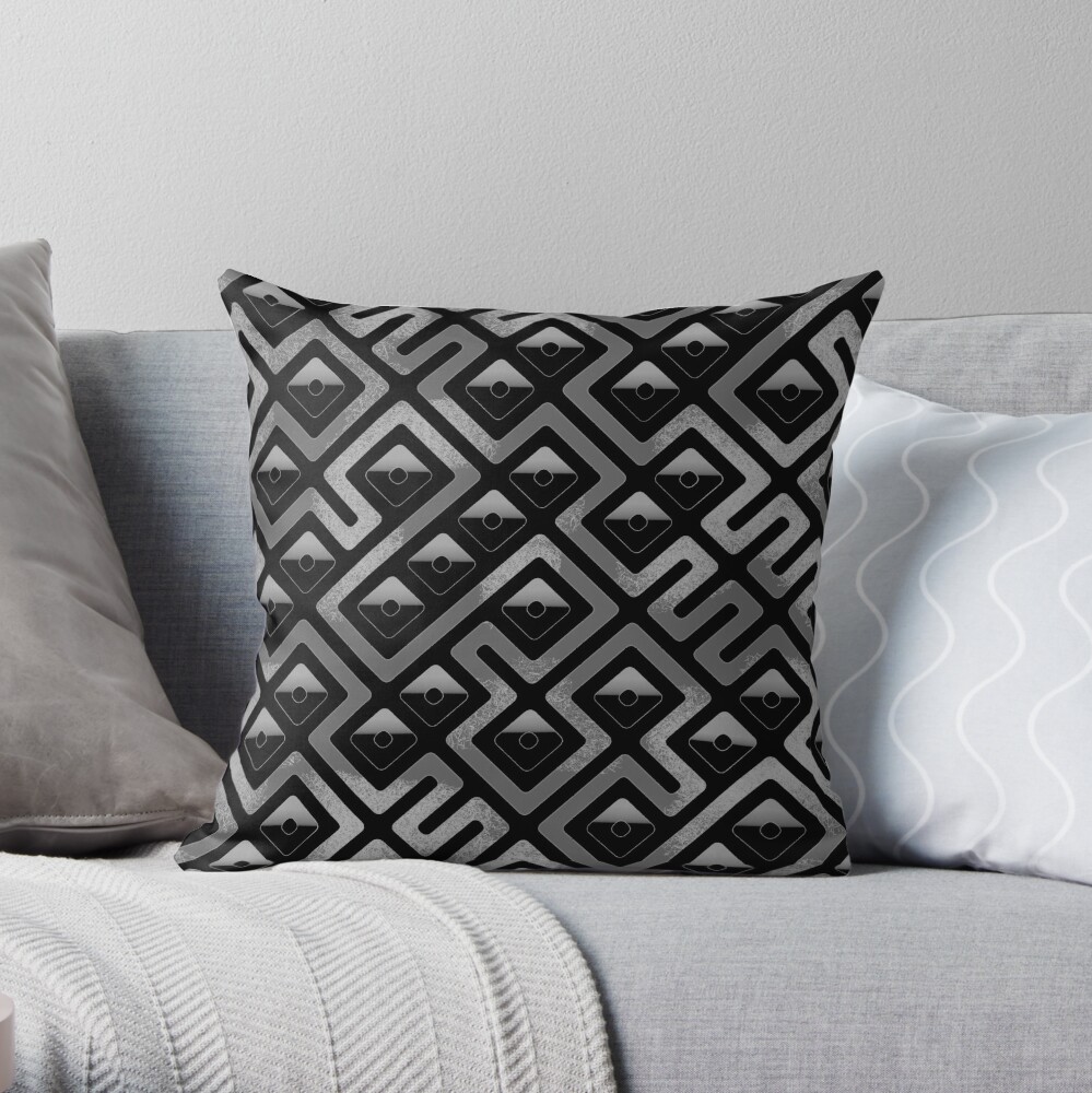 Maze Abstract Pattern - Black / Gray Throw Pillow