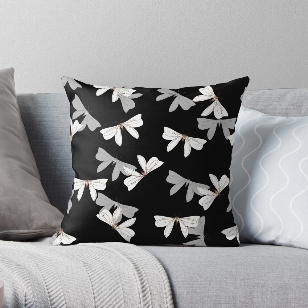 Moths - Gray, White on Black Throw Pillow