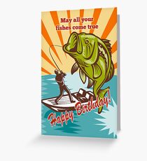 Fly Fisherman on boat catching largemouth bass Greeting Card