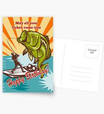 Fly Fisherman on boat catching largemouth bass Postcards