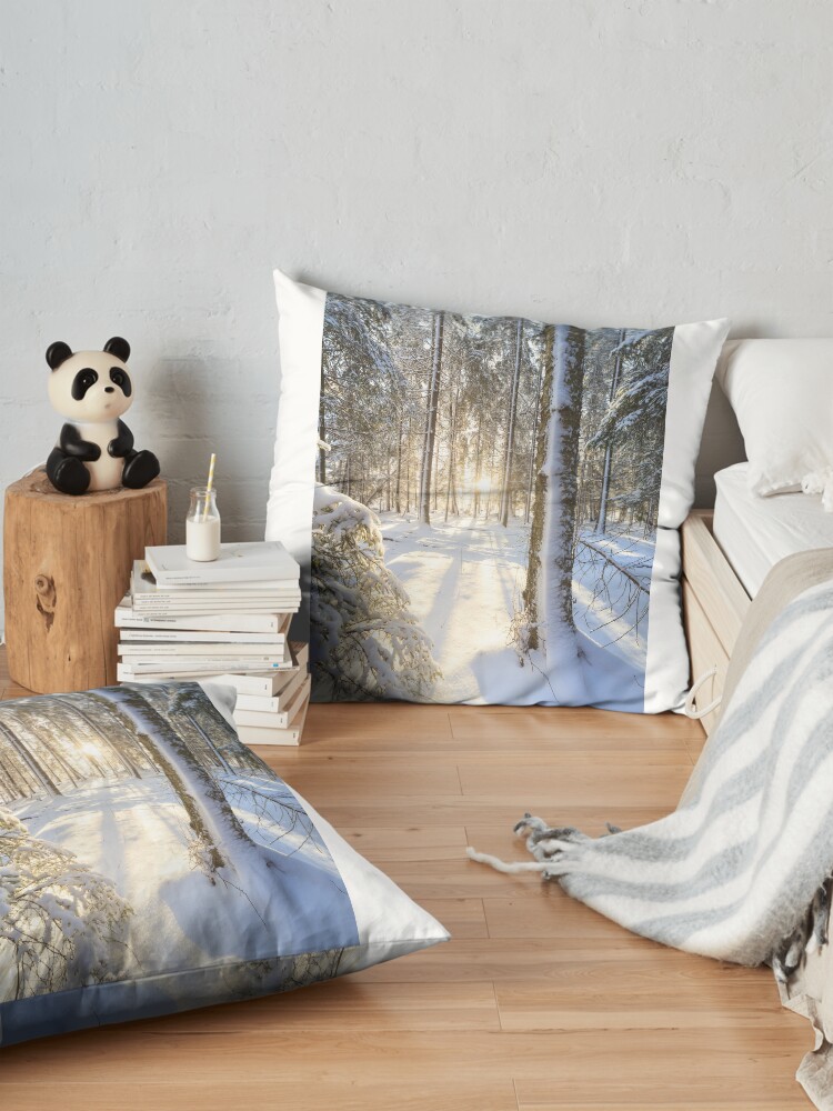 Alternate view of Sunshine in winter forest Floor Pillow