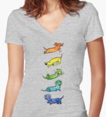 Camiseta entallada de cuello en V Dachshunds Acuarela