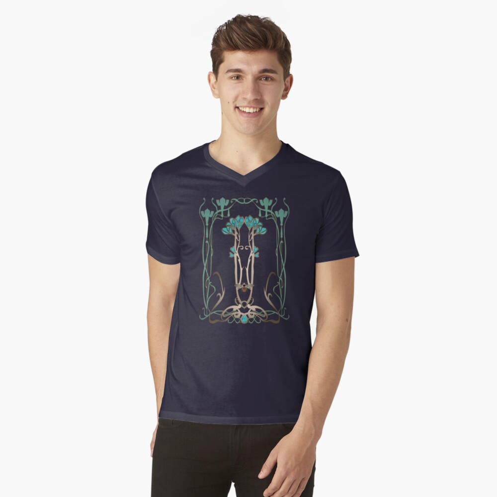 Art Nouveau Garden with Bee V-Neck T-Shirt