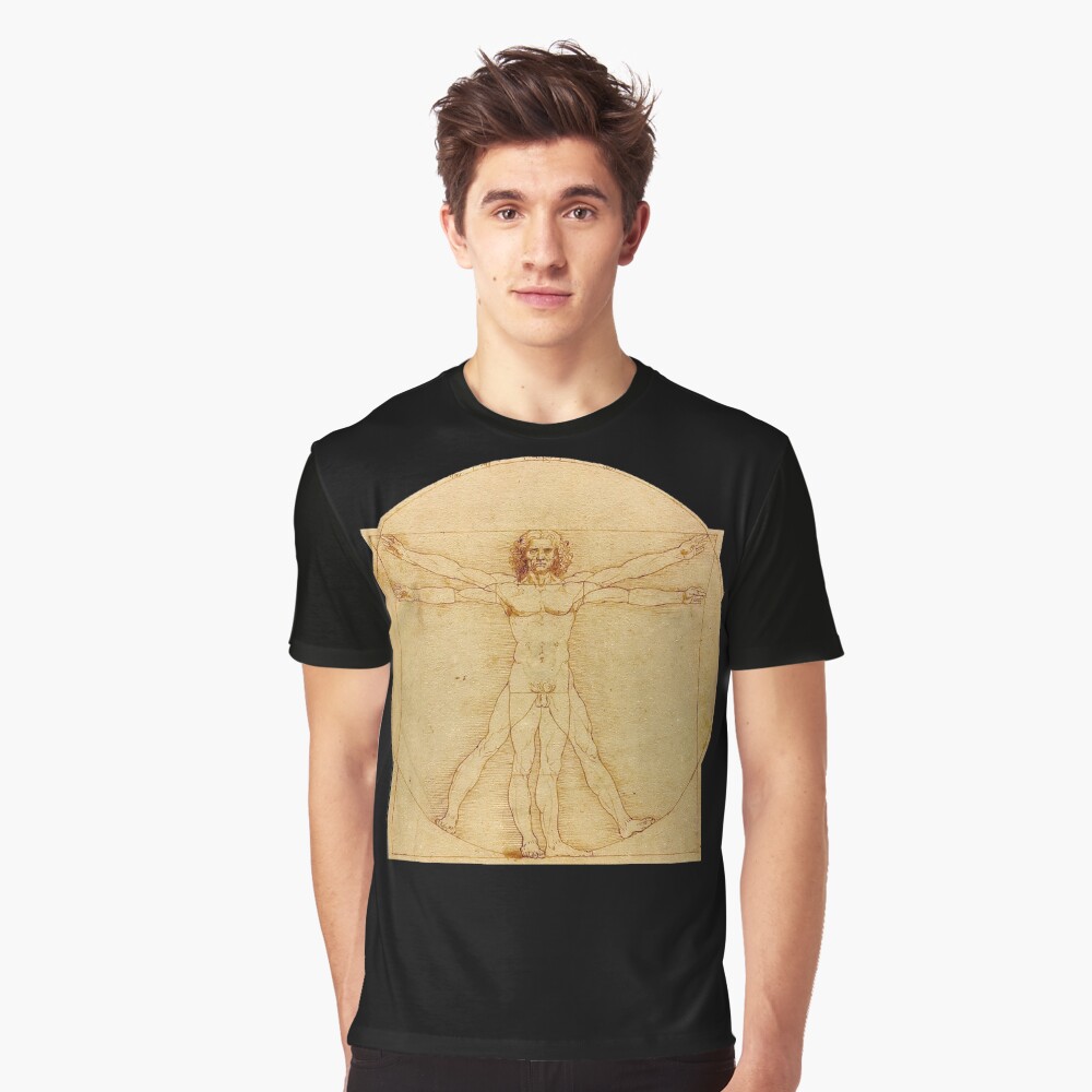 Mens Da Vinci Code Beige T-Shirt Vitruvian Man Leonardo da Vinci