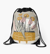 Mid Century gold pottery with plants Drawstring Bag