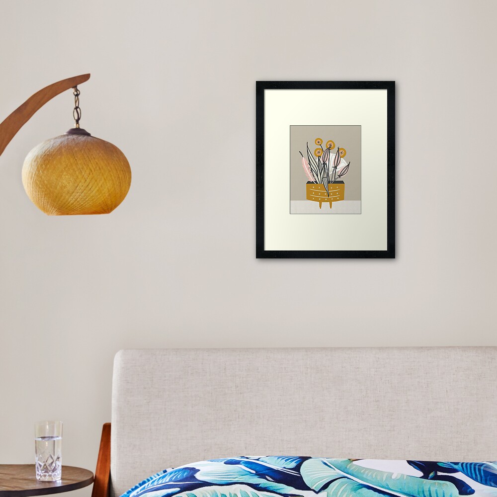 Mid Century gold pottery with plants Framed Art Print