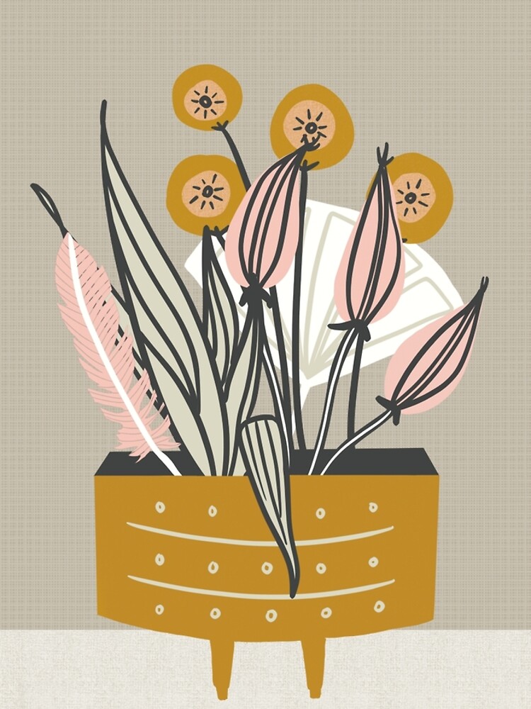 Mid Century gold pottery with plants by BirdsongPrints