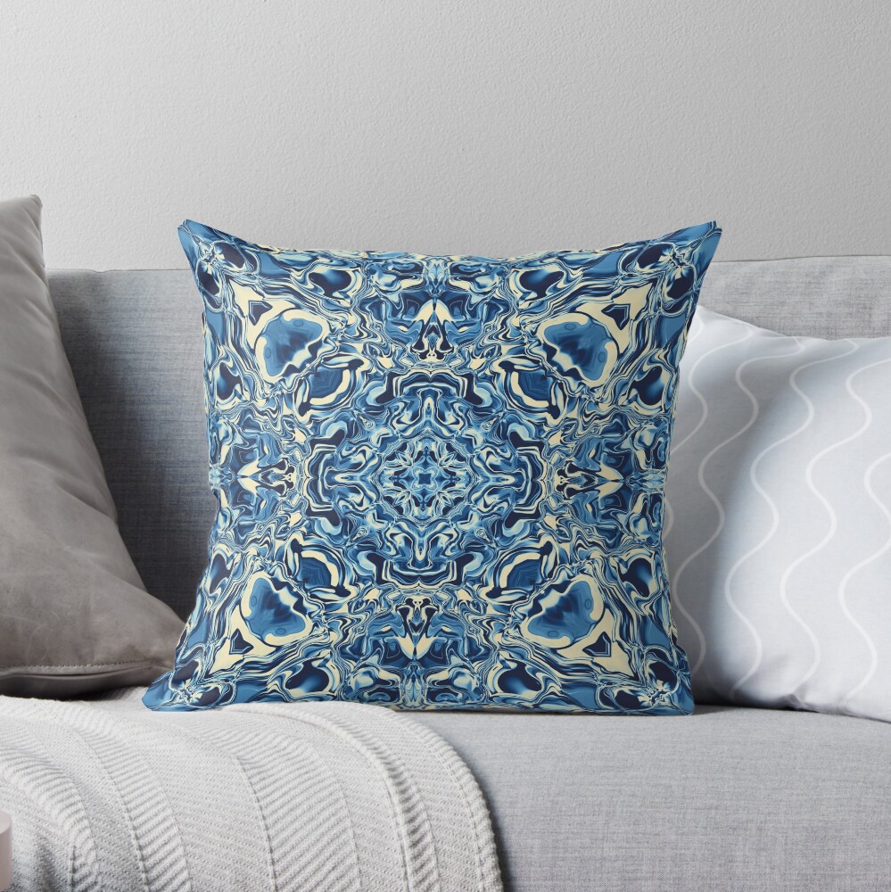 Liquefied Flow IV - Blue Cream Throw Pillow