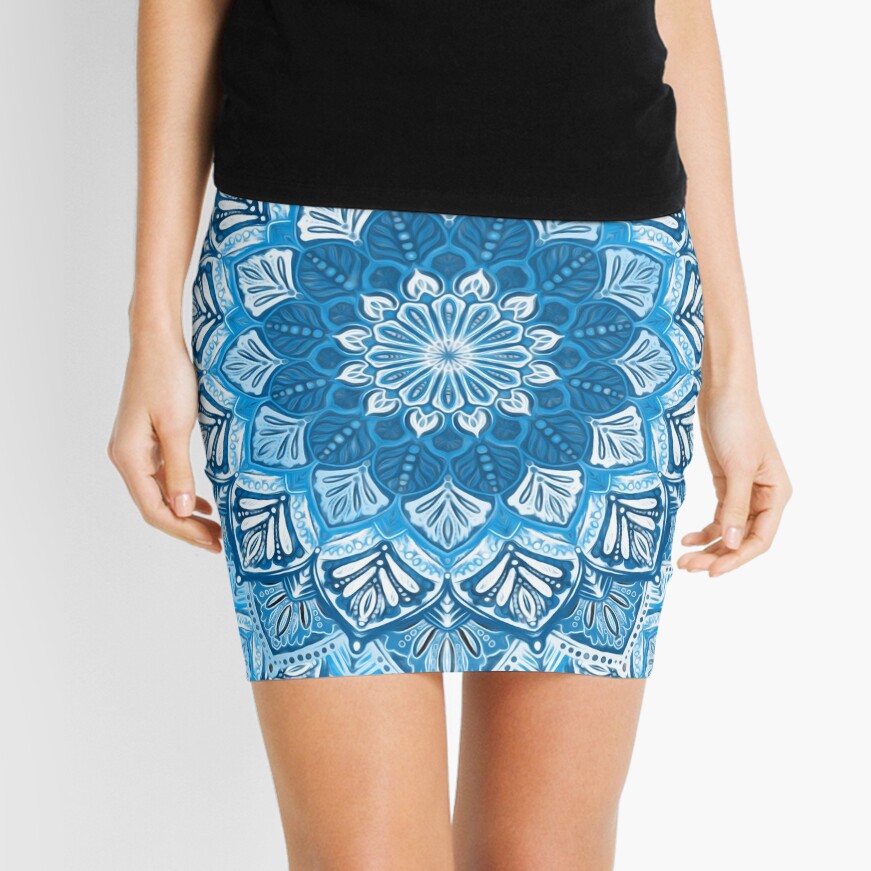 Boho Mandala in Monochrome Blue and White Mini Skirt
