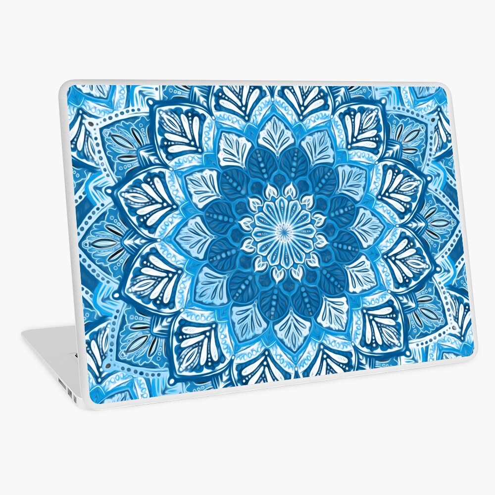 Boho Mandala in Monochrome Blue and White Laptop Skin