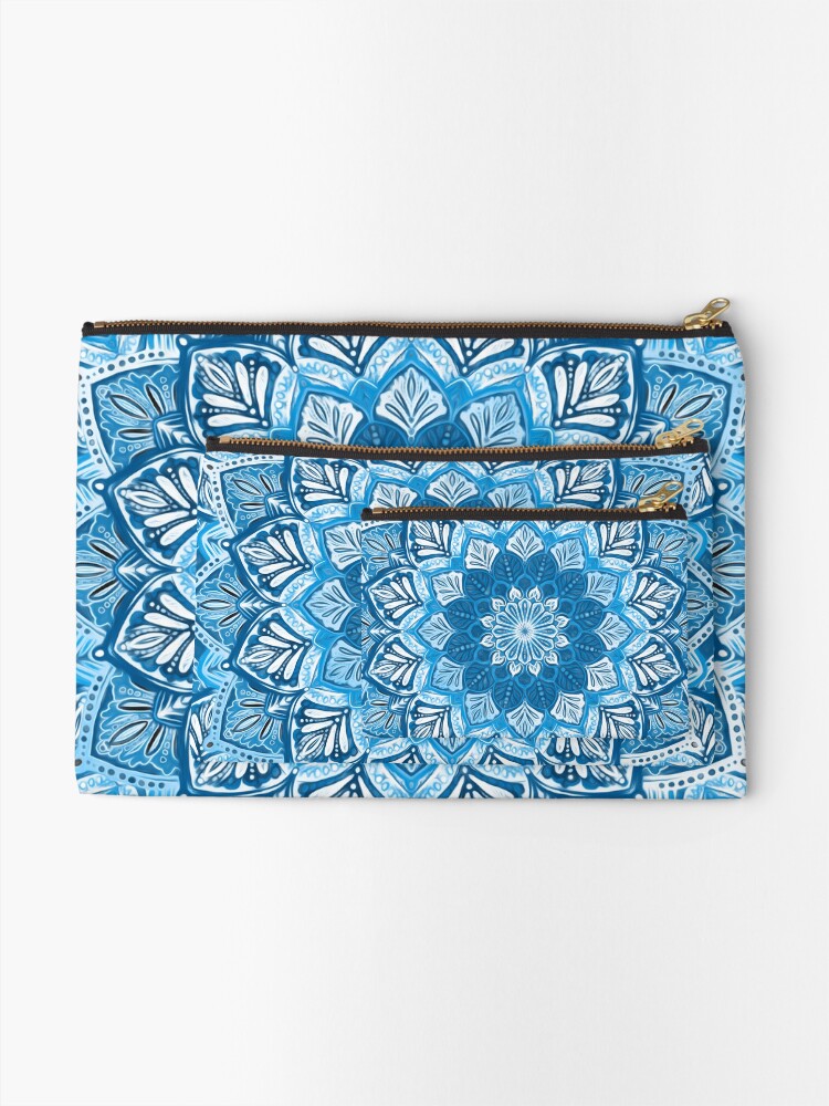 Alternate view of Boho Mandala in Monochrome Blue and White Zipper Pouch