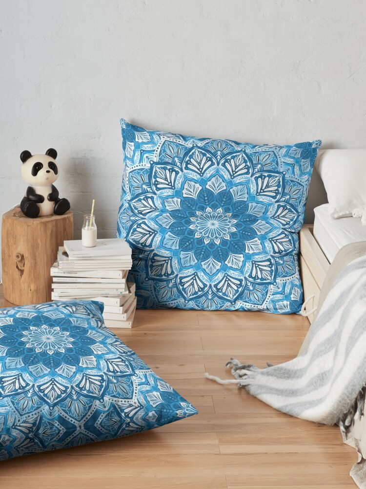 Alternate view of Boho Mandala in Monochrome Blue and White Floor Pillow
