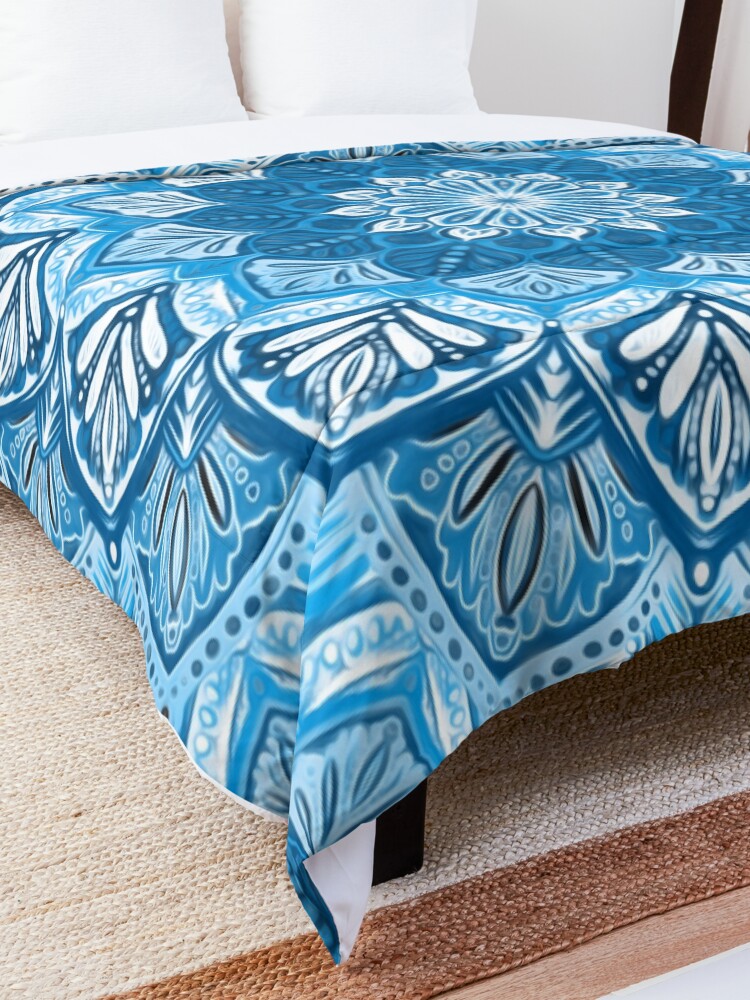 Alternate view of Boho Mandala in Monochrome Blue and White Comforter