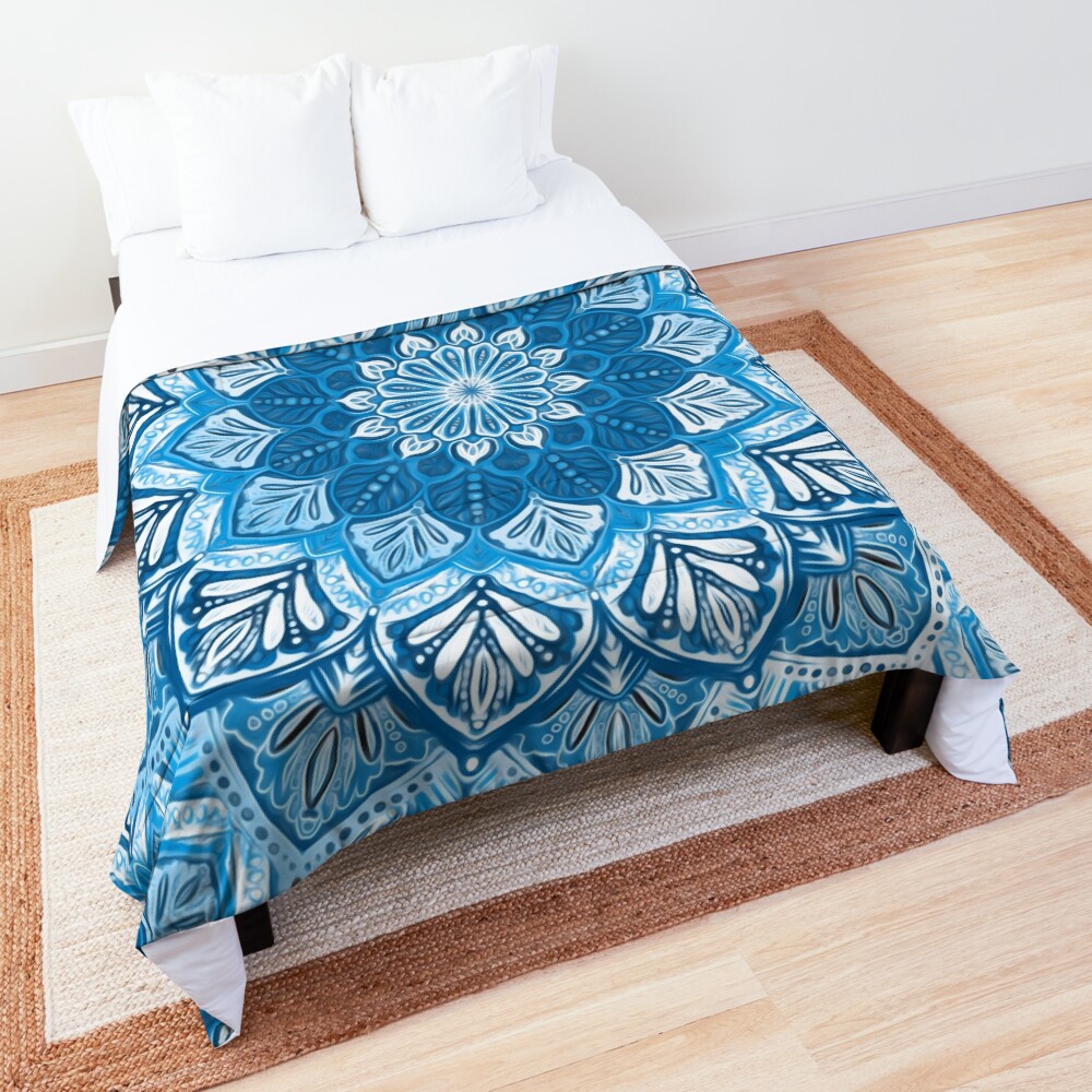 Boho Mandala in Monochrome Blue and White Comforter