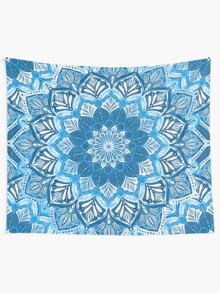 Alternate view of Boho Mandala in Monochrome Blue and White Tapestry