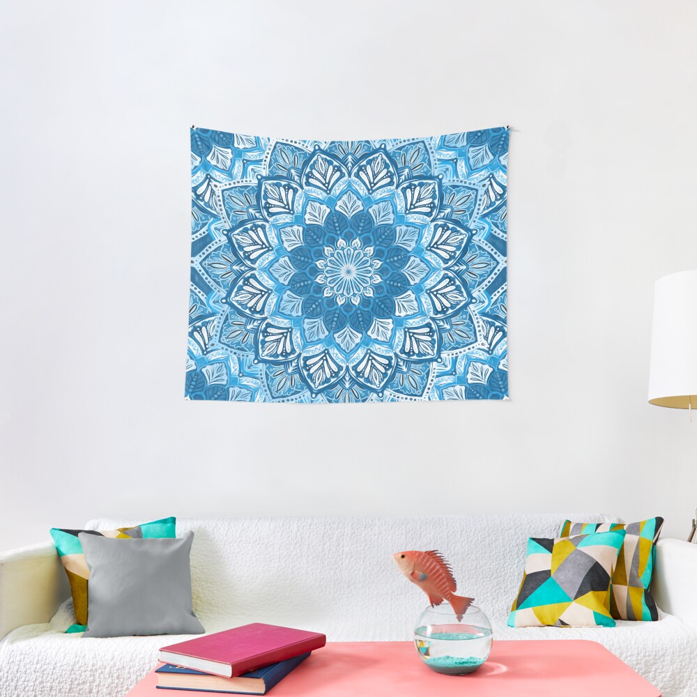 Boho Mandala in Monochrome Blue and White Tapestry