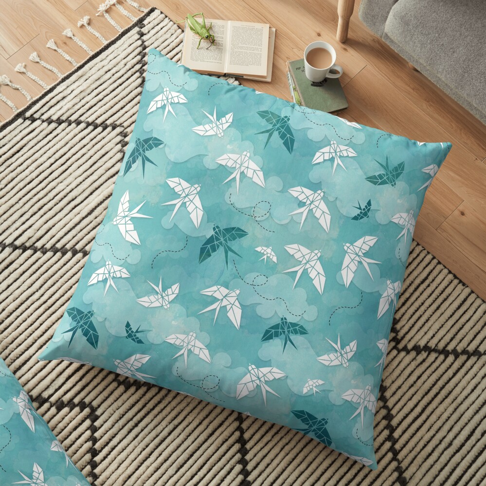 Origami Swallow in turquoise Floor Pillow
