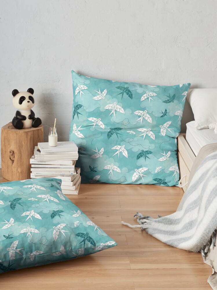 Alternate view of Origami Swallow in turquoise Floor Pillow