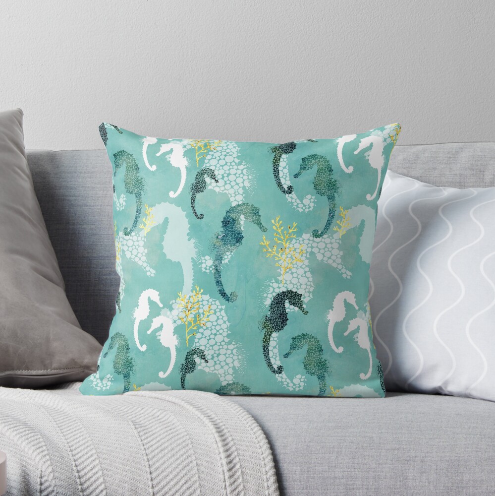 Seahorse dots on turquoise Throw Pillow