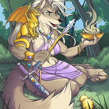 Artwork thumbnail, Sorcha Wolf Sorceress with Dragon Familiar Fantasy Furry Art by cybercat