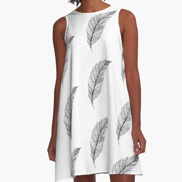 Feather Mandala, Mandala design, black and white, clothing, products, mandala patterns A-Line Dress