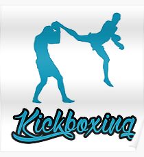 Kickboxing Man Jumping Back Kick Blue Poster