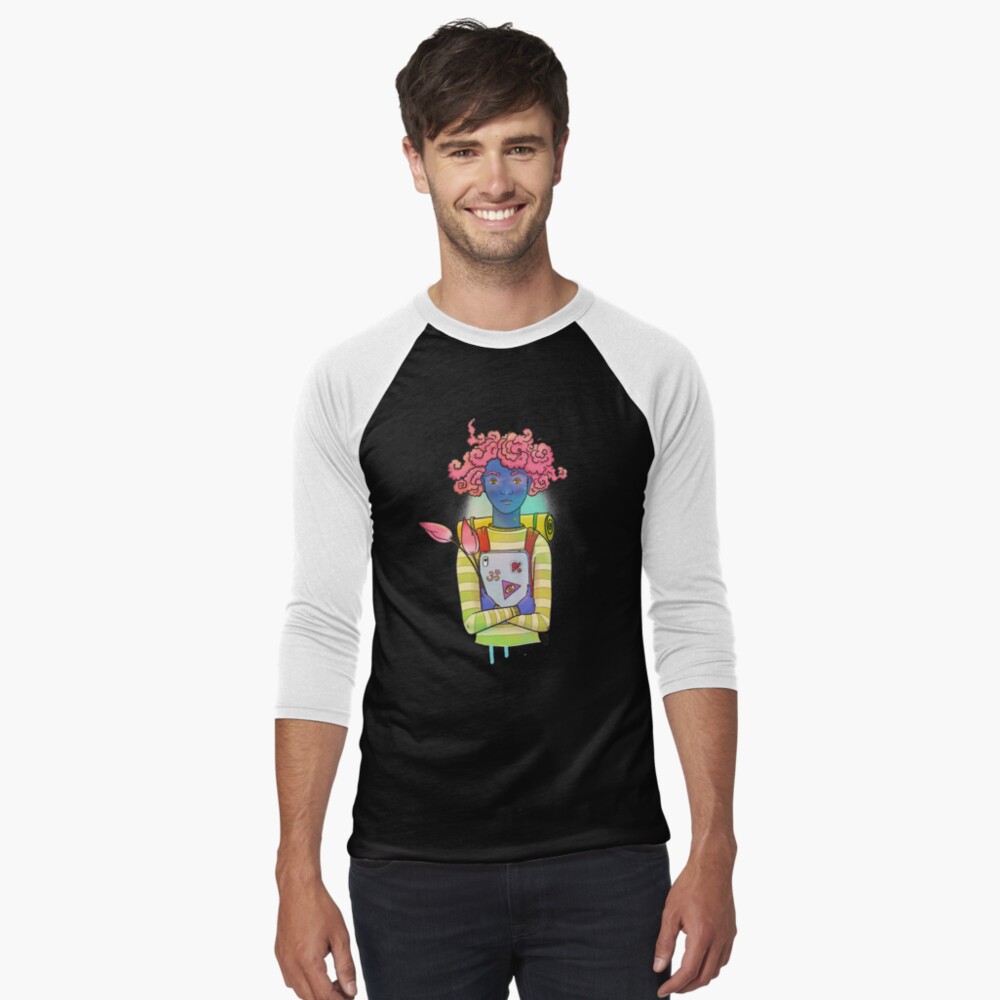Pink curls colorful, happy illustration Baseball ¾ Sleeve T-Shirt