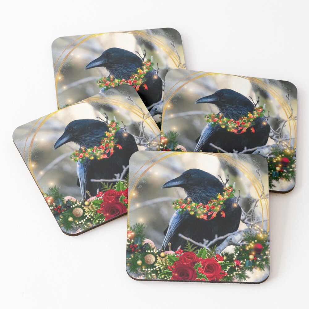 Christmas Crow, raven, winter solstice Coasters (Set of 4)
