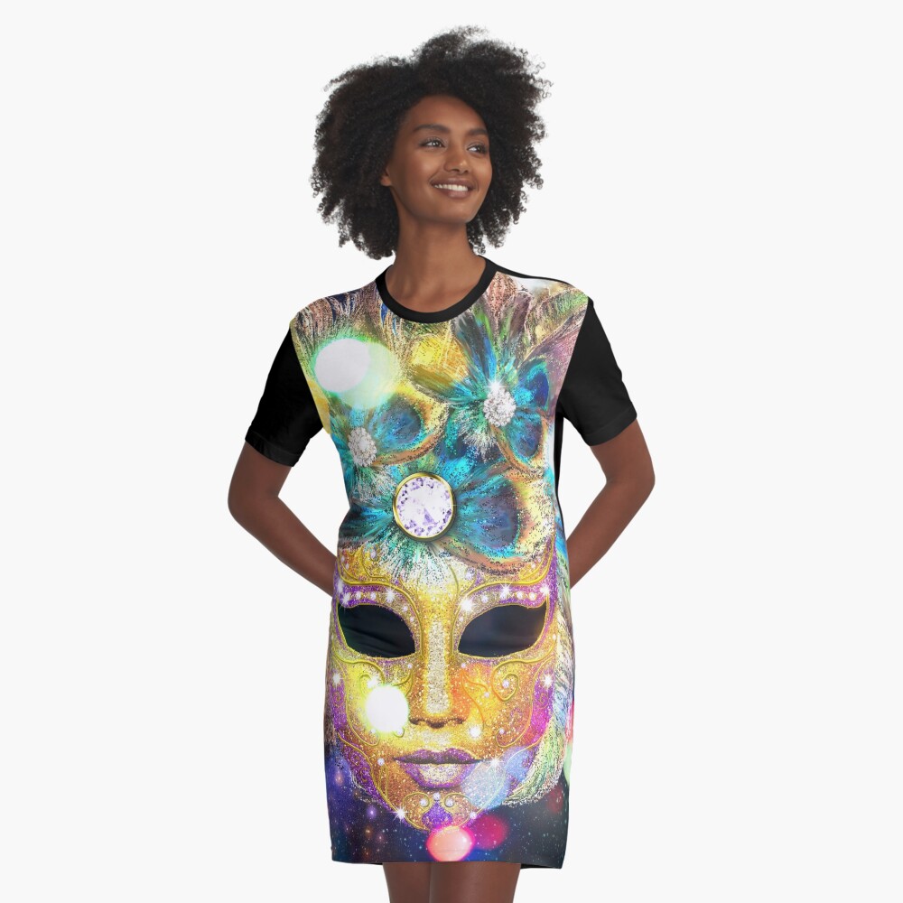 Golden Carnival Mask Graphic T-Shirt Dress
