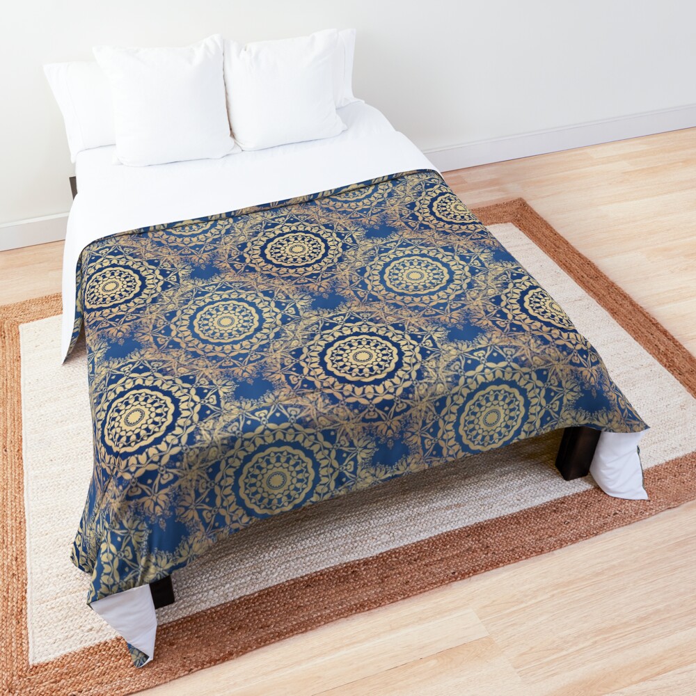 Gold Mandala for Spirituality and Charity Blue Comforter