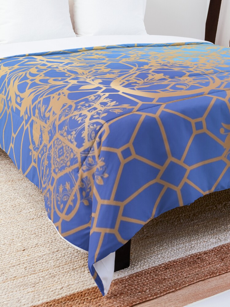 Alternate view of Gold Filigree and Lace on Blue Comforter