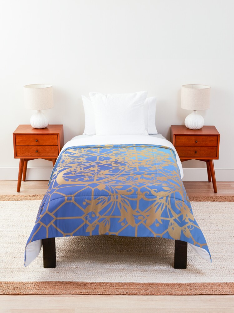 Alternate view of Gold Filigree and Lace on Blue Comforter