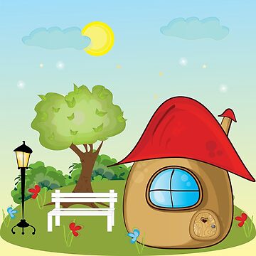 Artwork thumbnail, City park with green tree, bench and a cozy house. by vectormarketnet