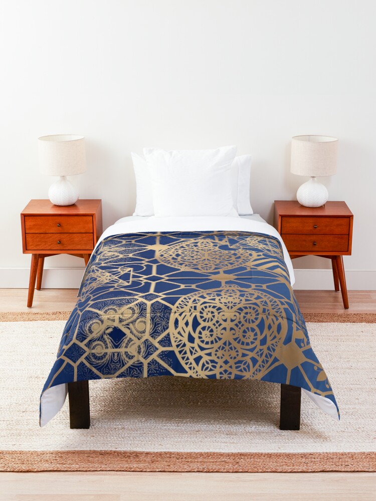 Alternate view of Gold Mandalas and Lace on Blue Comforter
