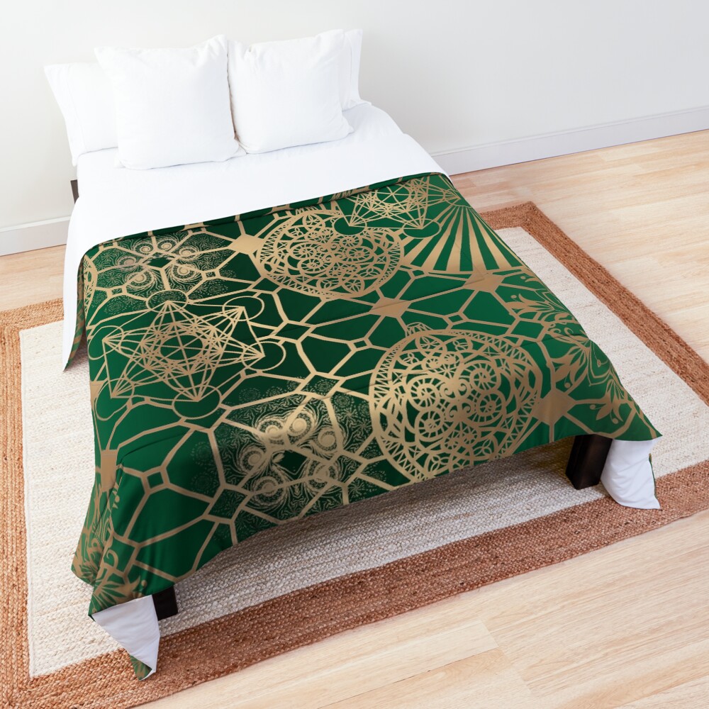 Gold Mandalas and Lace on Eucalyptus Comforter