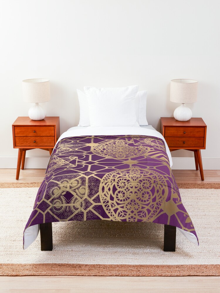 Alternate view of Gold Mandalas and Lace on Purple Comforter