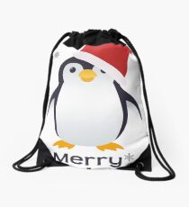 Merry Christmas Penguin Emoji Drawstring Bag