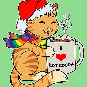 Artwork thumbnail, Gay Pride  Cute Tabby Cat Santa Hat I Love Hot Cocoa Funny Holiday  by cybercat